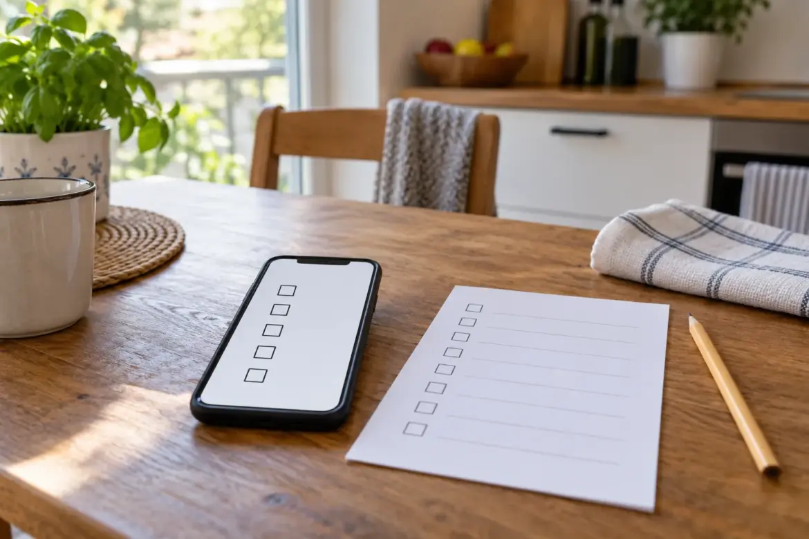 Mit knappem Budget gut durch den Monat kommen Smartphone neben einer Haushaltscheckliste als Symbol für digitale Planung