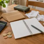 Haushaltsbuch, Taschenrechner und Bargeld auf einem Küchentisch