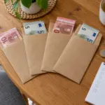 Getrennte Bargeldumschläge mit Euro-Scheinen und Münzen