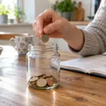 Kleines Sparglas mit Euro-Münzen neben einem Haushaltsbuch