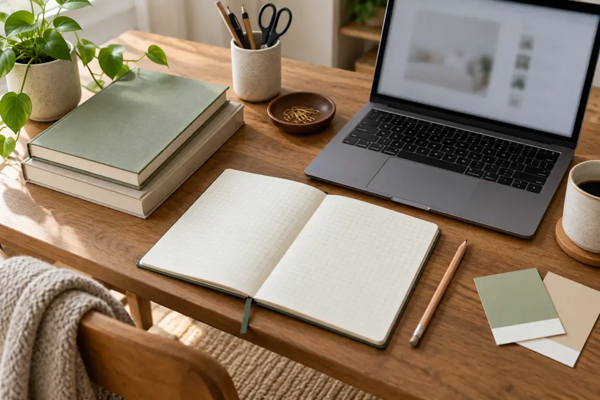 Arbeitsplatz mit Notizbuch und Laptop für die Themenplanung