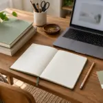 Arbeitsplatz mit Notizbuch und Laptop für die Themenplanung